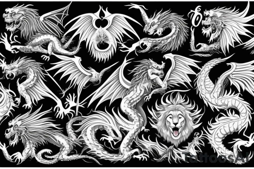 vertical
dragon and lion
lions mane
dragon wings
Dragons claws
pegasus
abstract negative space
divinely illuminated
full colour
dark
abstract
trippy
drugs tattoo idea