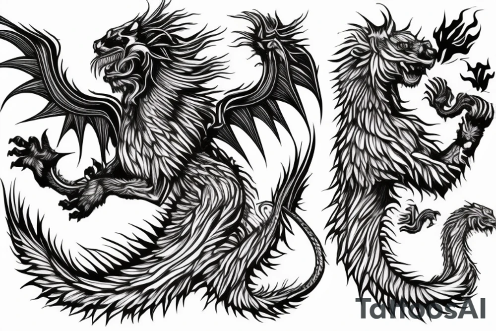 vertical
dragon and lion
lions mane
dragon wings
Dragons claws
pegasus
abstract negative space
divinely illuminated
full colour
dark
abstract
trippy
drugs tattoo idea