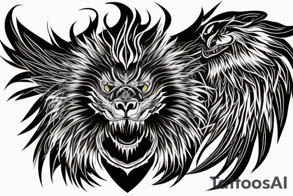 vertical
dragon and lion
lions mane
dragon wings
Dragons claws
pegasus
abstract negative space
divinely illuminated
full colour
dark
abstract
trippy
drugs tattoo idea