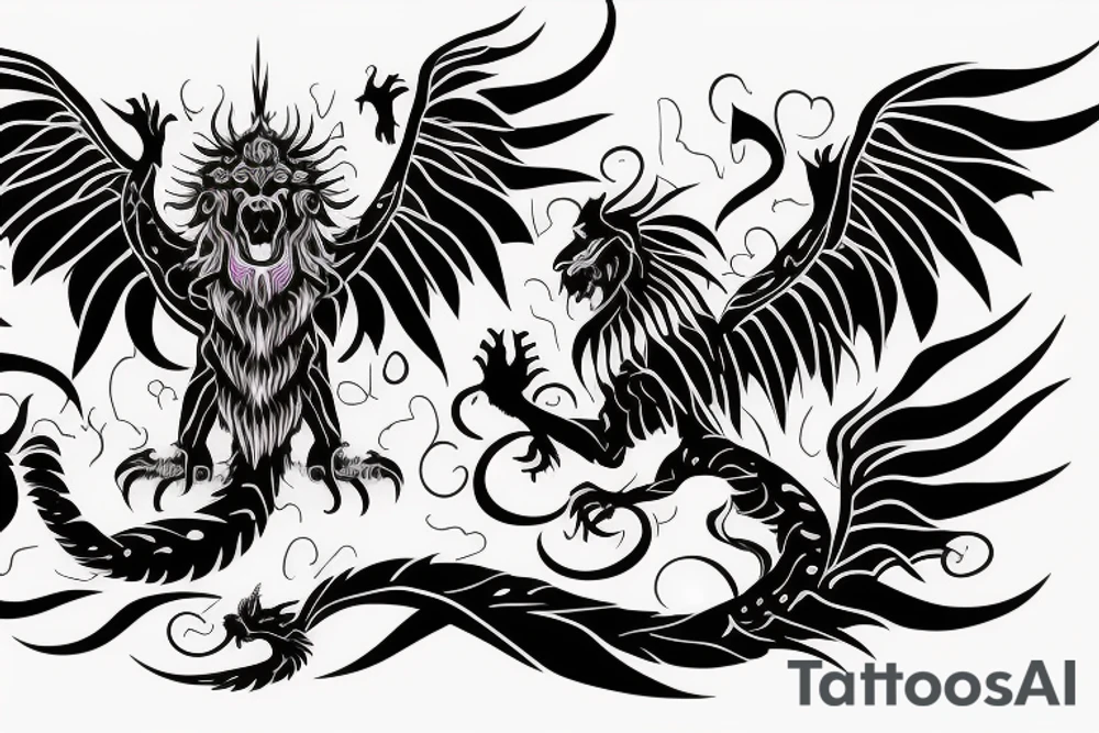 vertical
dragon and lion
lions mane
dragon wings
Dragons claws
pegasus
abstract negative space
divinely illuminated
full colour
dark
flying down
fast
descending
trippy
drugs tattoo idea