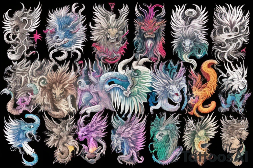 vertical
dragon and lion
lions mane
dragon wings
Dragons claws
pegasus
abstract negative space
divinely illuminated
full colour
dark
shaaman
snowglobe
descending
trippy
drugs tattoo idea