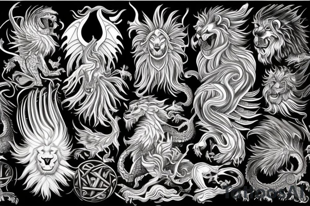 vertical
dragon and lion
lions mane
dragon wings
Dragons claws
pegasus
abstract negative space
divinely illuminated
full colour
dark
shaaman
snowglobe
descending
trippy
drugs tattoo idea