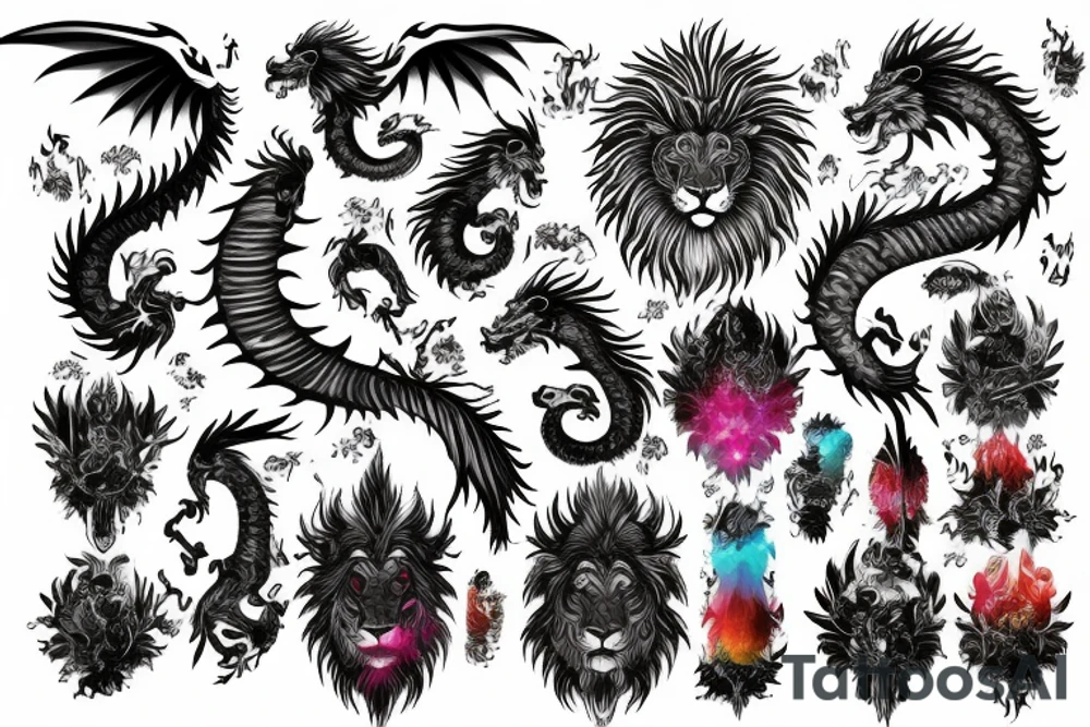 vertical
dragon and lion
lions mane
dragon wings
Dragons claws
pegasus
abstract negative space
divinely illuminated
full colour
dark
shaaman with snowglobe
trippy
drugs tattoo idea