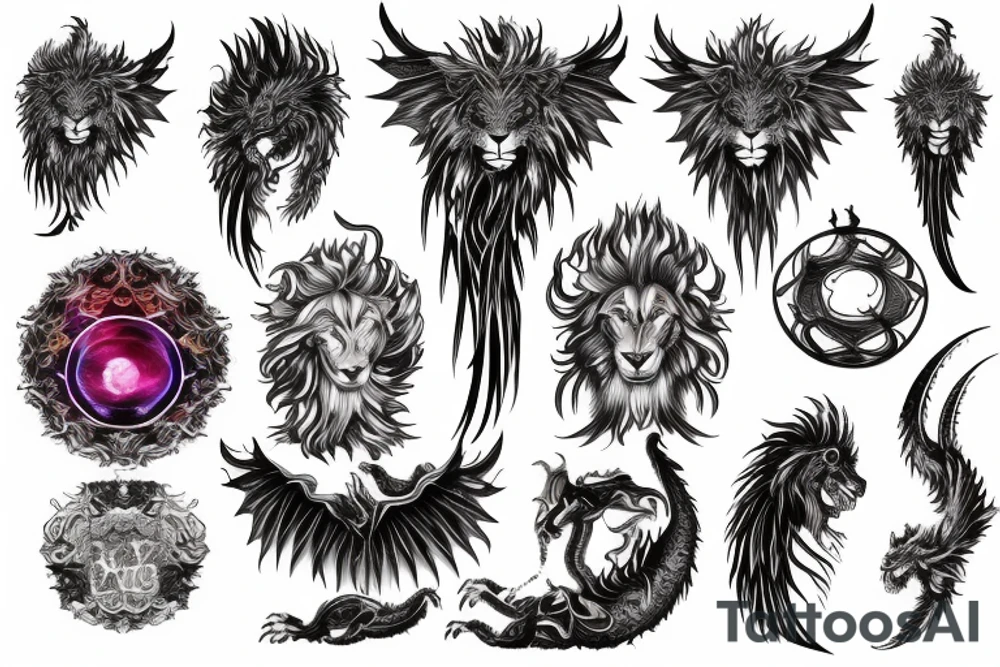 vertical
dragon and lion
lions mane
dragon wings
Dragons claws
pegasus
abstract negative space
divinely illuminated
full colour
dark
shaaman with snowglobe
trippy
drugs tattoo idea