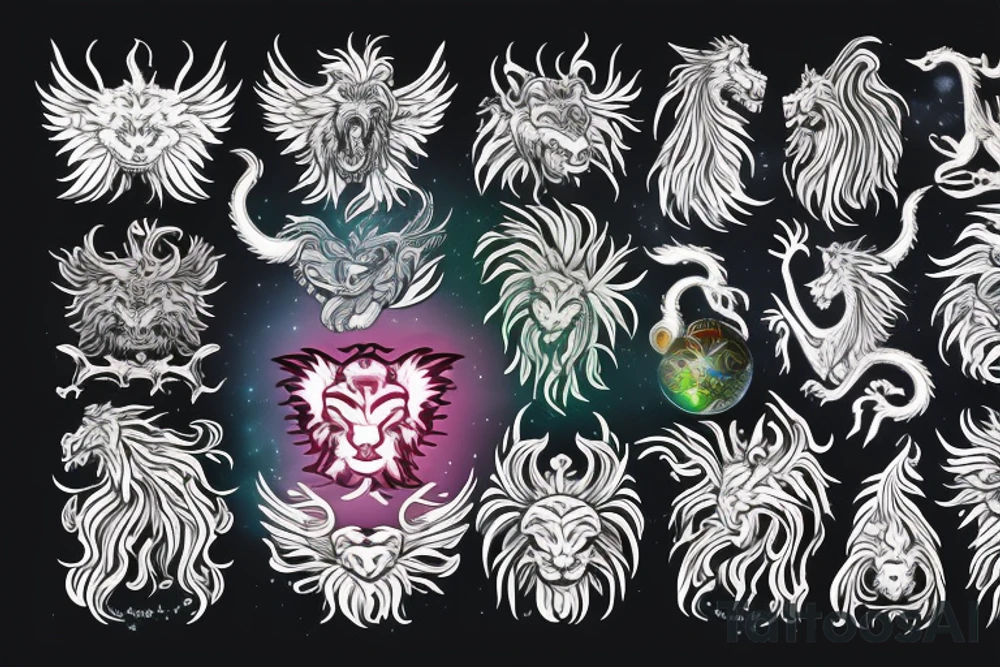 vertical
dragon and lion
lions mane
dragon wings
Dragons claws
pegasus
abstract negative space
divinely illuminated
full colour
dark
shaaman with snowglobe
trippy
drugs tattoo idea