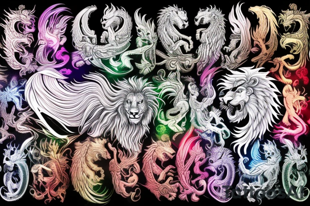 vertical
dragon and lion
lions mane
dragon wings
Dragons claws
pegasus
abstract negative space
divinely illuminated
full colour
dark
shaaman with snowglobe
trippy
drugs tattoo idea