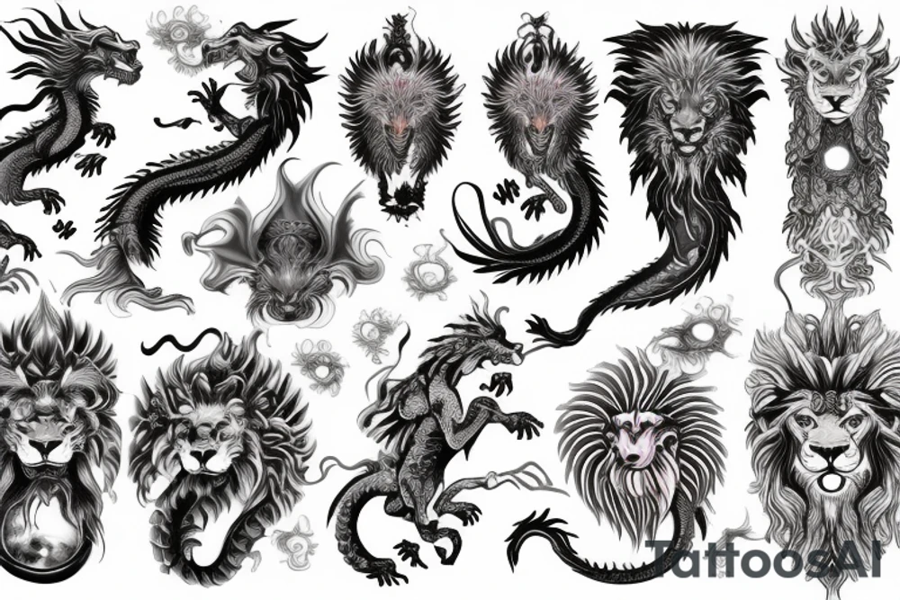 vertical
dragon and lion
lions mane
dragon wings
Dragons claws
pegasus
abstract negative space
divinely illuminated
full colour
dark
shaaman with snowglobe
trippy
drugs tattoo idea