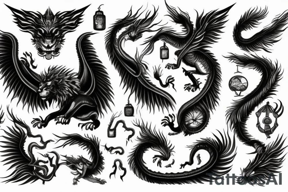 vertical
dragon and lion
lions mane
dragon wings
Dragons claws
pegasus
abstract negative space
divinely illuminated
dark
shaaman with snowglobe
trippy
drugs
running tattoo idea