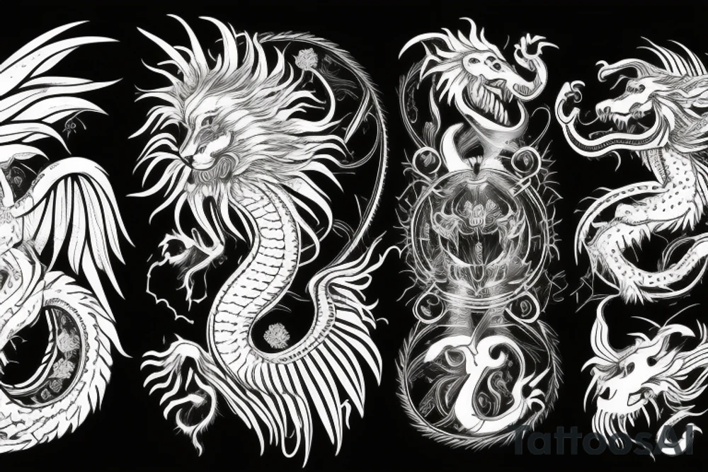 vertical
dragon and lion
lions mane
dragon wings
Dragons claws
pegasus
abstract negative space
divinely illuminated
dark
shaaman with snowglobe
trippy
drugs tattoo idea