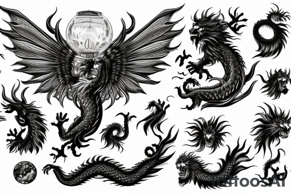 vertical
dragon and lion
lions mane
dragon wings
Dragons claws
pegasus
abstract negative space
divinely illuminated
dark
shaaman with snowglobe
trippy
drugs tattoo idea