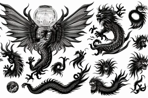 vertical
dragon and lion
lions mane
dragon wings
Dragons claws
pegasus
abstract negative space
divinely illuminated
dark
shaaman with snowglobe
trippy
drugs tattoo idea