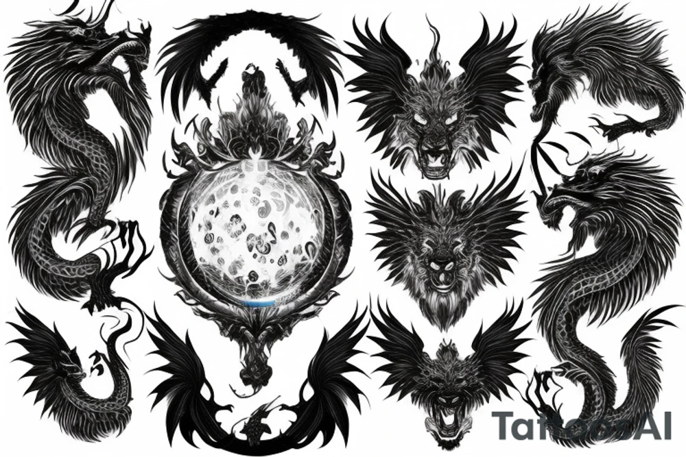 vertical
dragon and lion
lions mane
dragon wings
Dragons claws
pegasus
abstract negative space
divinely illuminated
dark
shaaman with snowglobe
trippy
drugs tattoo idea