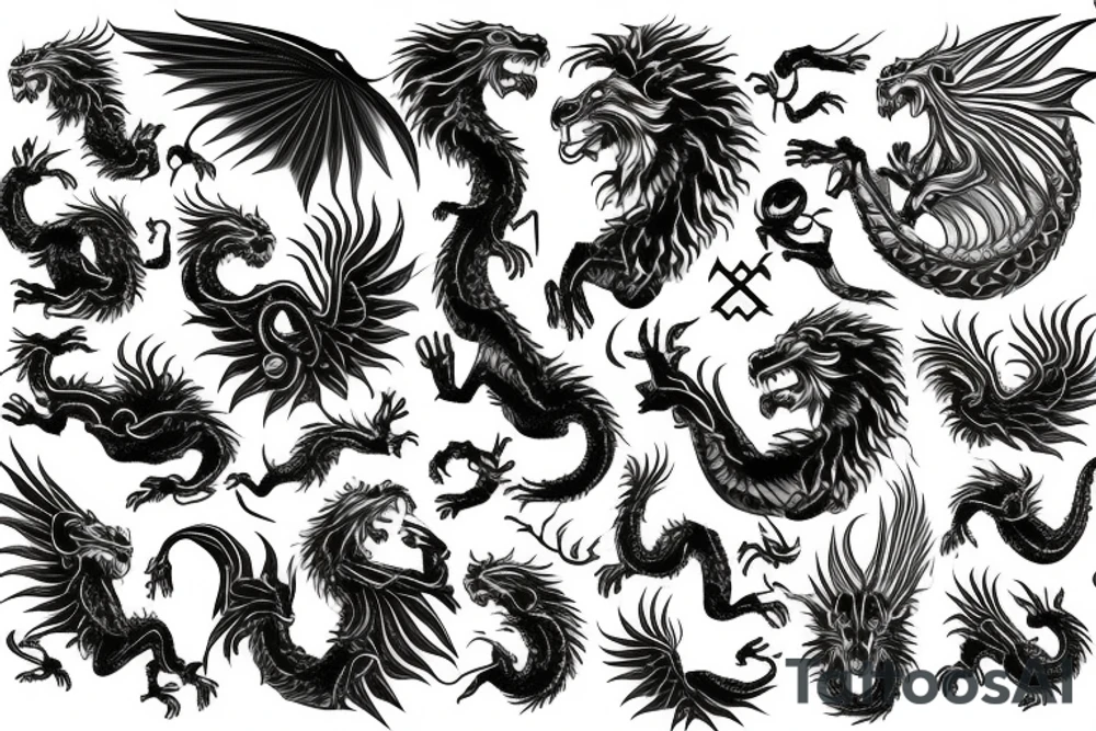 vertical
dragon and lion
lions mane
dragon wings
Dragons claws
pegasus
abstract negative space
divinely illuminated
dark
shaaman with snowglobe
trippy
drugs tattoo idea