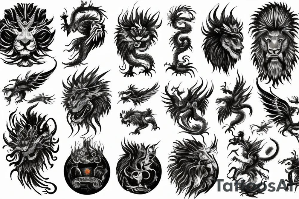 vertical
dragon and lion
lions mane
dragon wings
Dragons claws
pegasus
abstract negative space
divinely illuminated
dark
shaaman with snowglobe
trippy
drugs tattoo idea