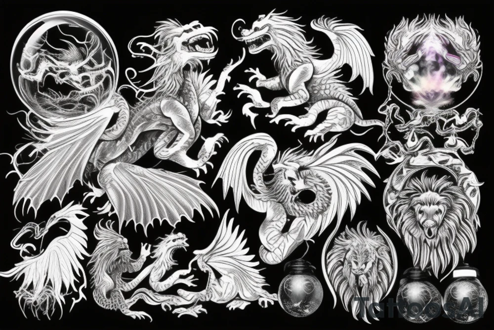 vertical
dragon and lion
lions mane
dragon wings
Dragons claws
pegasus
abstract negative space
divinely illuminated
dark
shaaman with snowglobe
trippy
drugs tattoo idea