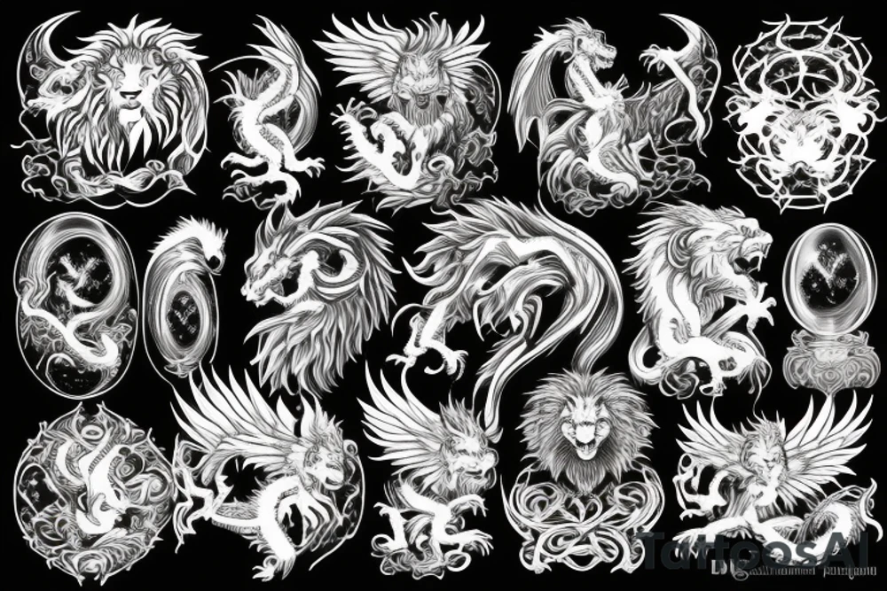 vertical
dragon and lion
lions mane
dragon wings
Dragons claws
pegasus
abstract negative space
divinely illuminated
dark
shaaman with snowglobe
trippy
drugs tattoo idea