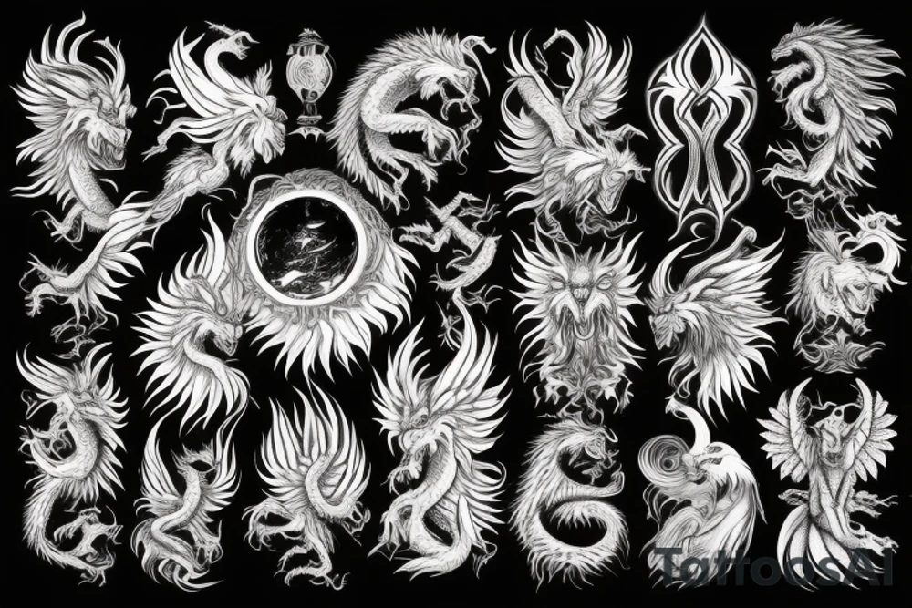 vertical
dragon and lion
lions mane
dragon wings
Dragons claws
pegasus
abstract negative space
divinely illuminated
dark
shaaman with snowglobe
trippy
drugs tattoo idea