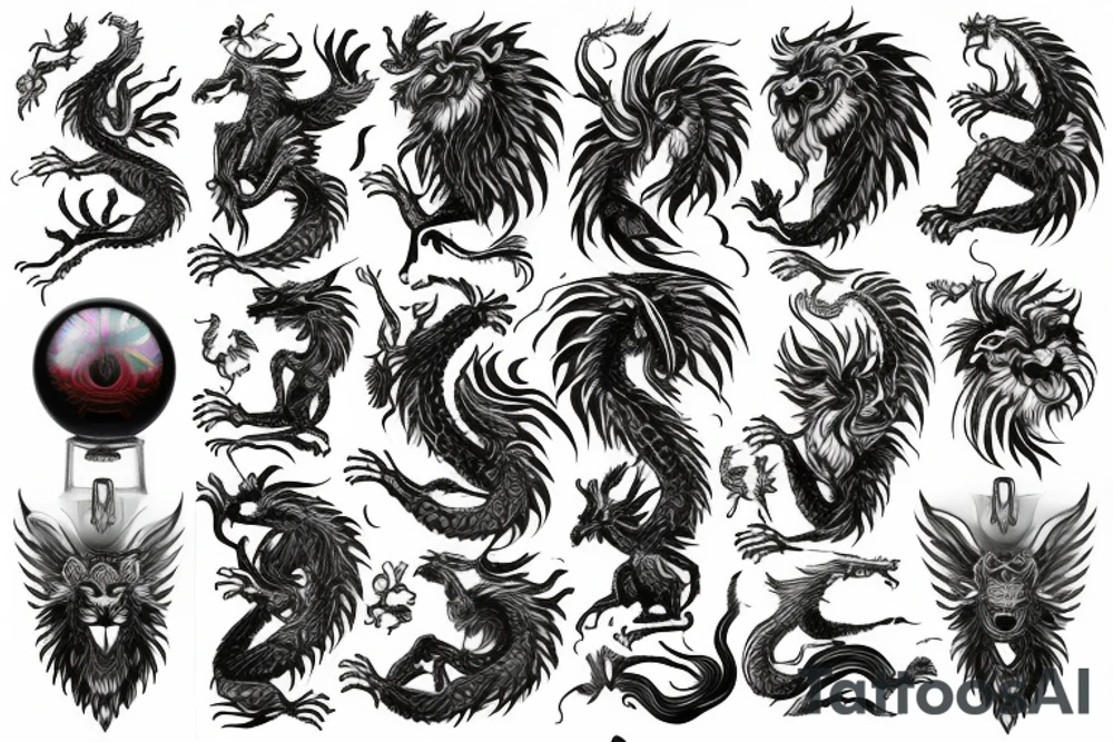 vertical
dragon and lion
lions mane
dragon wings
Dragons claws
pegasus
abstract negative space
divinely illuminated
dark
shaaman with snowglobe
trippy
drugs tattoo idea