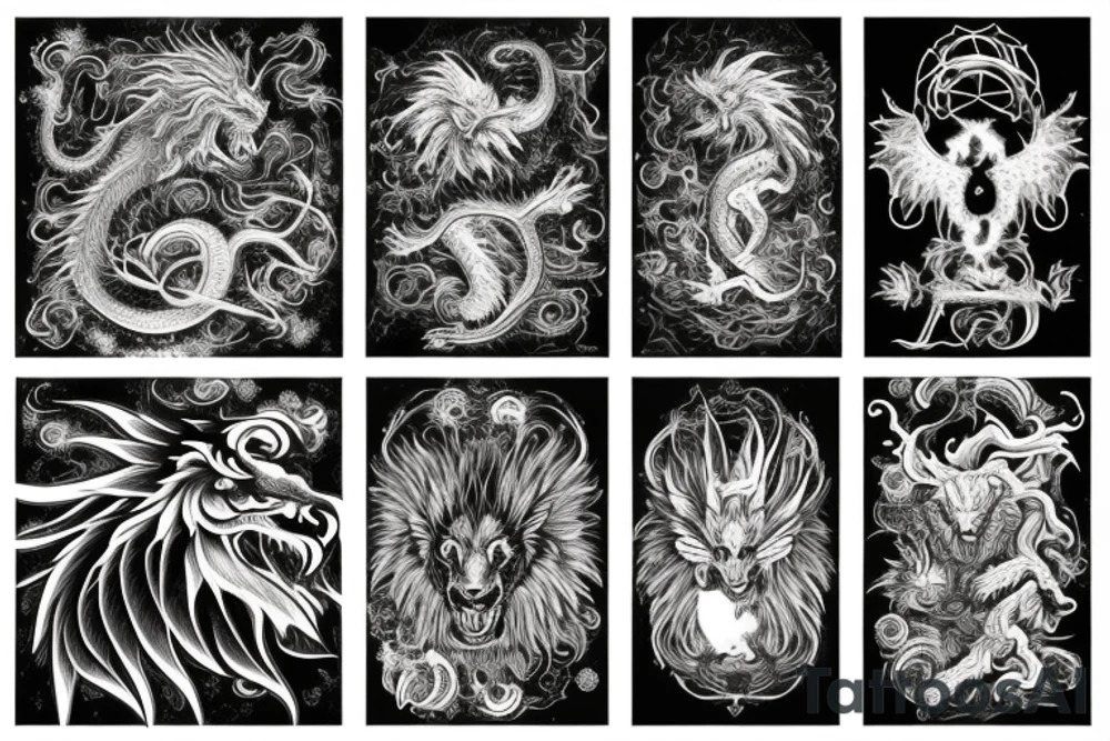 vertical
dragon and lion
lions mane
dragon wings
Dragons claws
pegasus
abstract negative space
divinely illuminated
dark
shaaman with snowglobe
trippy
drugs tattoo idea