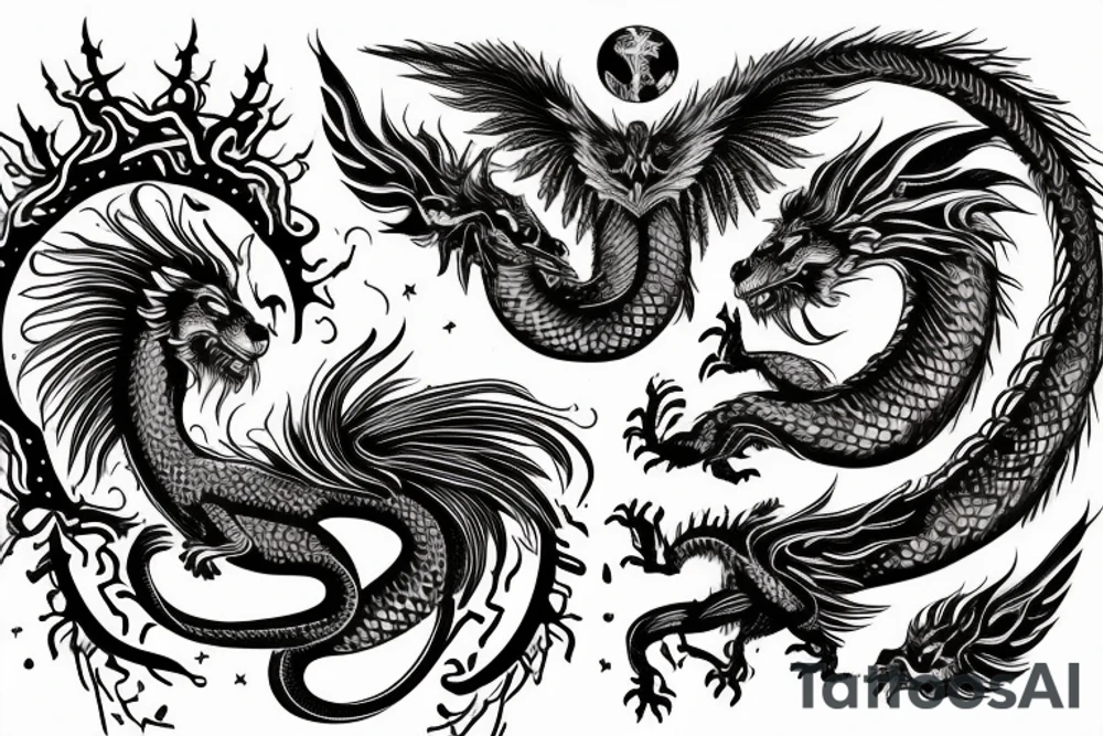 vertical
dragon and lion
lions mane
dragon wings
Dragons claws
pegasus
abstract negative space
divinely illuminated
dark
shaaman with snowglobe
trippy
drugs tattoo idea