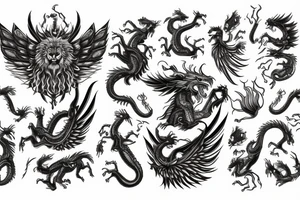 vertical
dragon and lion
lions mane
dragon wings
Dragons claws
pegasus
abstract negative space
divinely illuminated
dark
shaaman with snowglobe
trippy
drugs tattoo idea