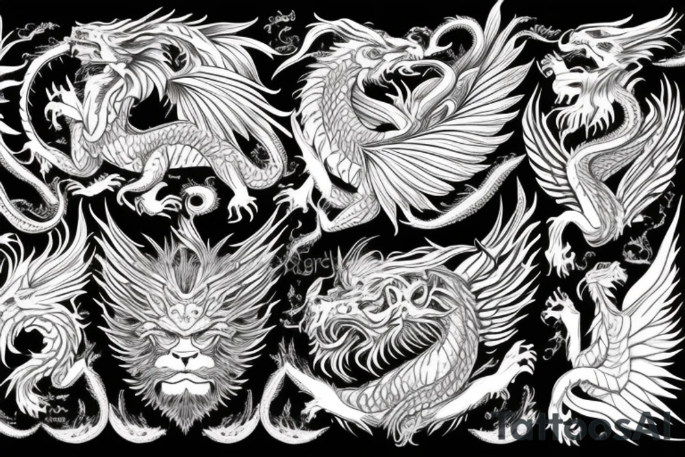 vertical
dragon and lion
lions mane
dragon wings
Dragons claws
pegasus
abstract negative space
divinely illuminated
dark
shaaman with snowglobe
trippy
drugs tattoo idea