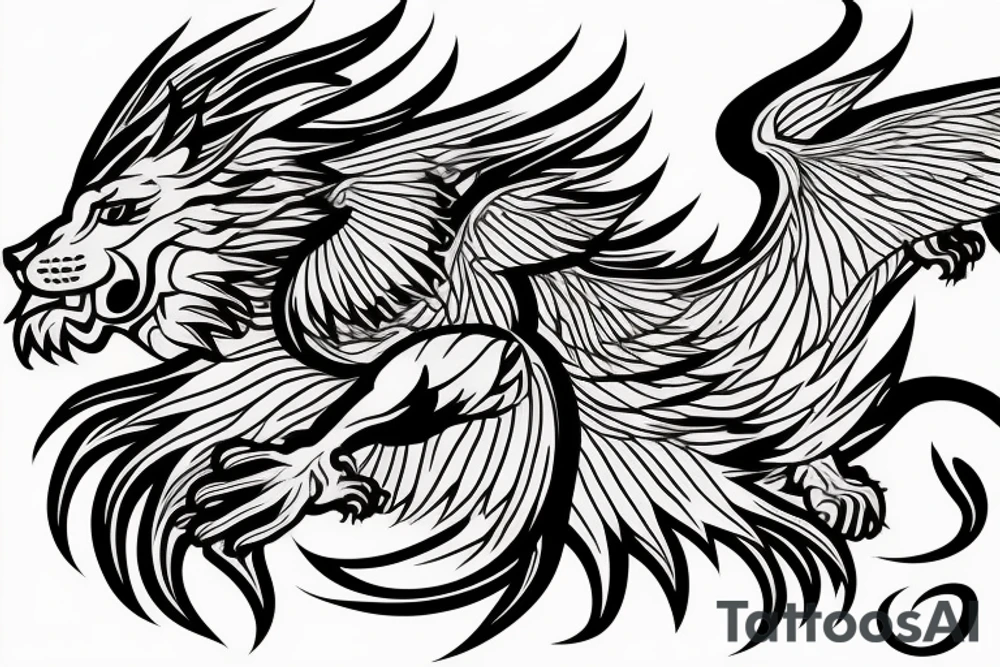 dragon lion Pegasis running
lions main
dragon claws
wings
full stretch like cat tattoo idea