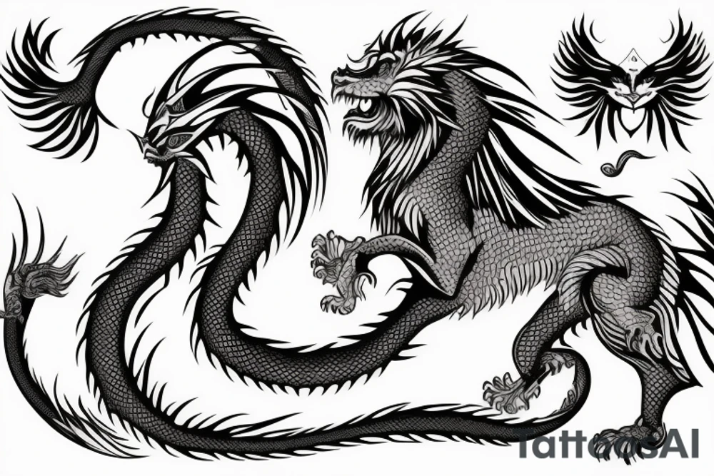 dragon lion Pegasus running
lions main
dragon claws
wings
full stretch like cat tattoo idea
