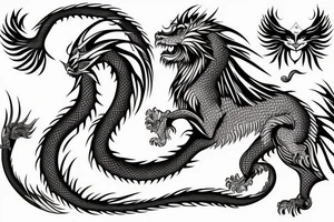 dragon lion Pegasus running
lions main
dragon claws
wings
full stretch like cat tattoo idea