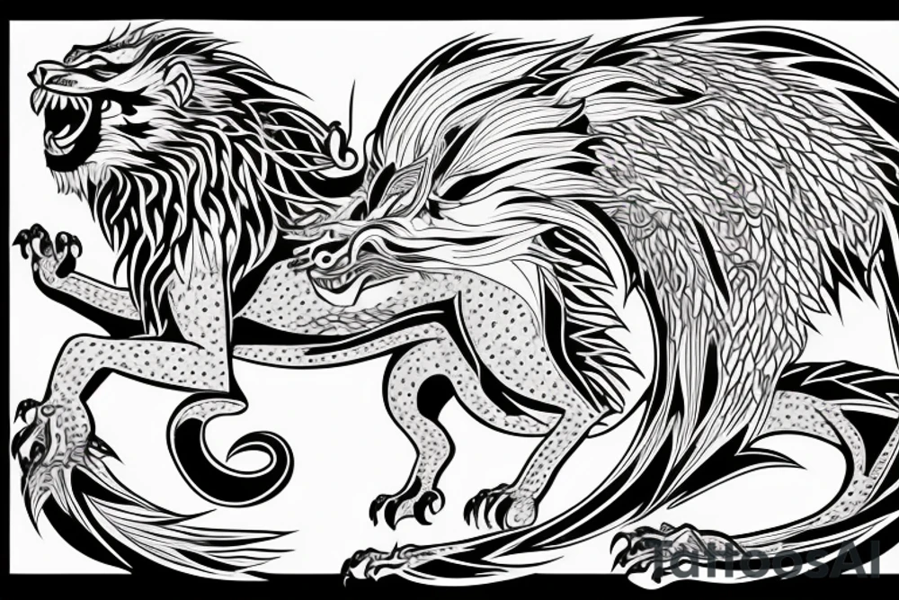 dragon lion Pegasus running
lions main
dragon claws
wings
full stretch like cat tattoo idea