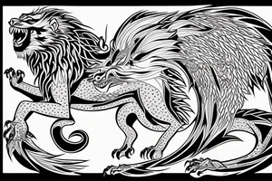 dragon lion Pegasus running
lions main
dragon claws
wings
full stretch like cat tattoo idea