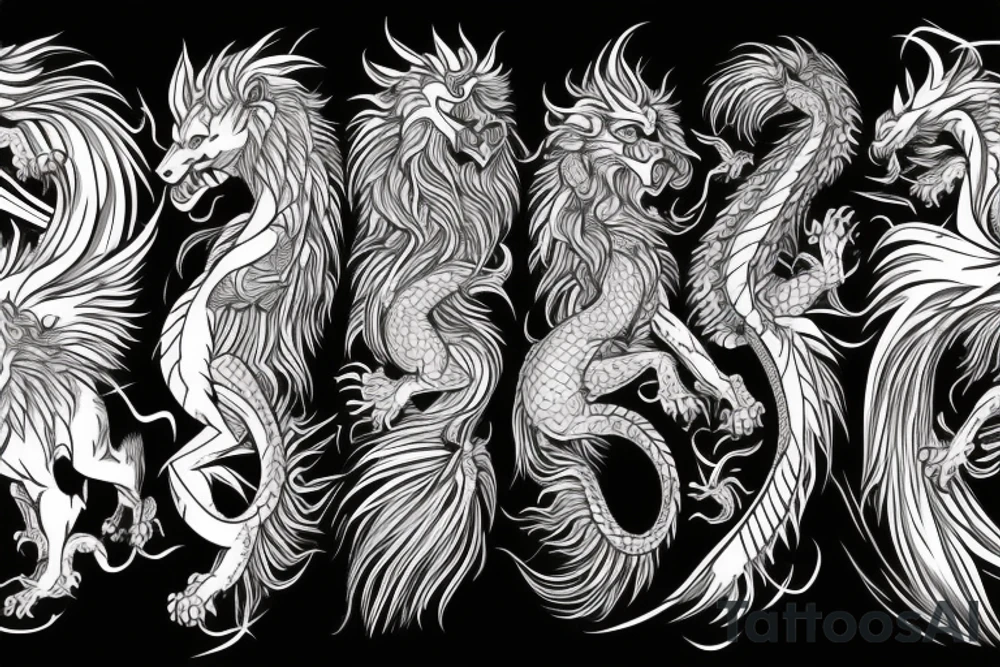 dragon lion Pegasus running
lions main
dragon claws
wings
full stretch like cat tattoo idea