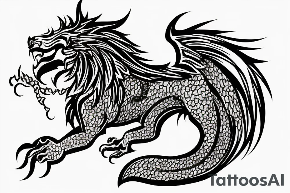 dragon lion Pegasus running
lions main
dragon claws
wings
full stretch like cat tattoo idea