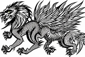 dragon lion Pegasus running
lions main
dragon claws
wings
full stretch like cat tattoo idea