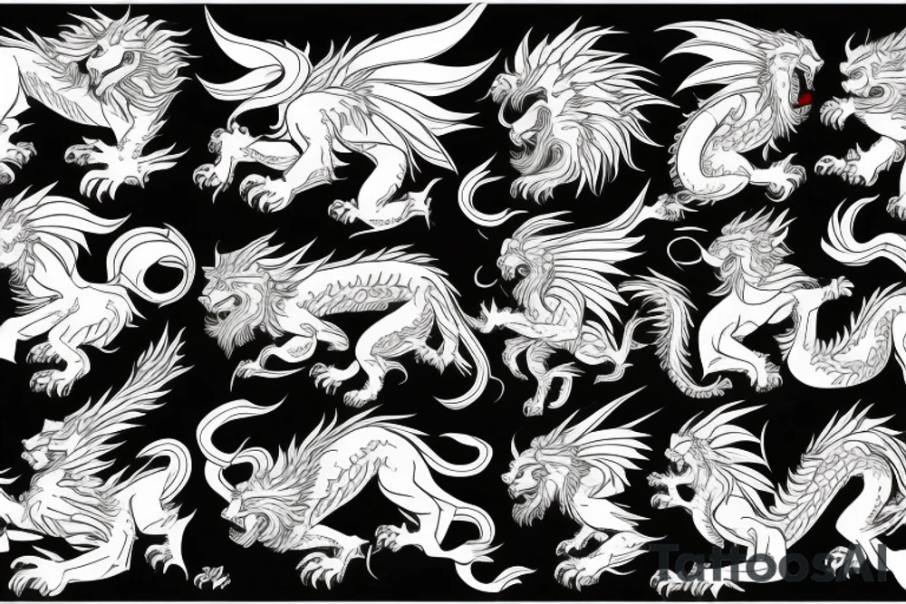 dragon lion Pegasus running
lions main
dragon claws
wings
full stretch like cat tattoo idea