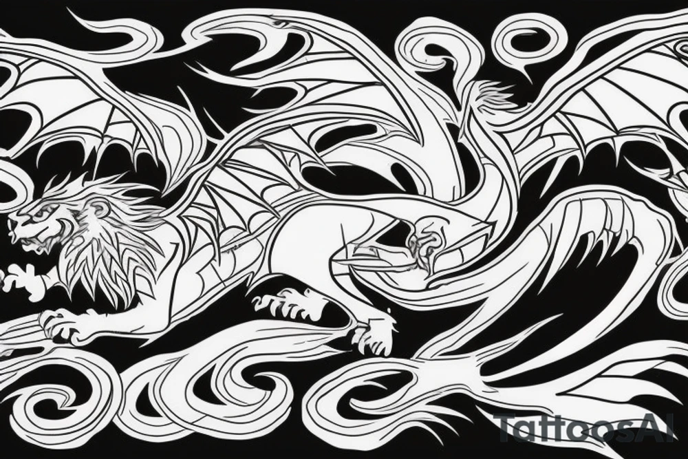 dragon lion Pegasus running
lions main
dragon claws
wings
full stretch like cat tattoo idea