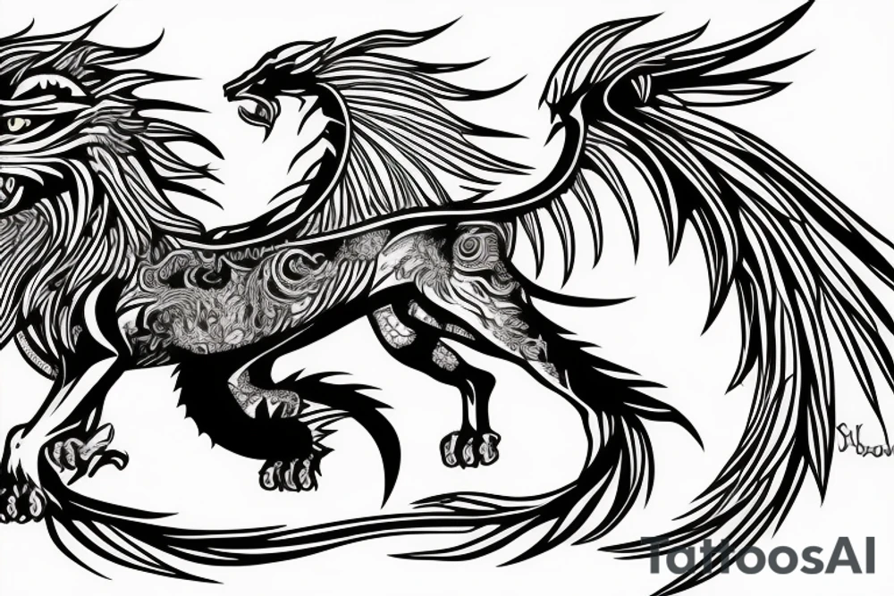 dragon lion Pegasus running
lions main
dragon claws
wings
full stretch like cat tattoo idea