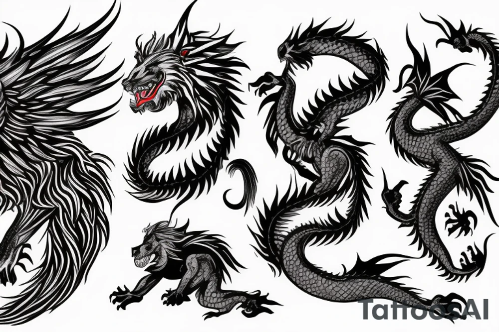 dragon lion Pegasus running
lions main
dragon claws
wings
full stretch like cat tattoo idea