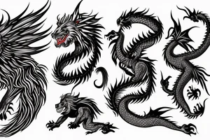 dragon lion Pegasus running
lions main
dragon claws
wings
full stretch like cat tattoo idea