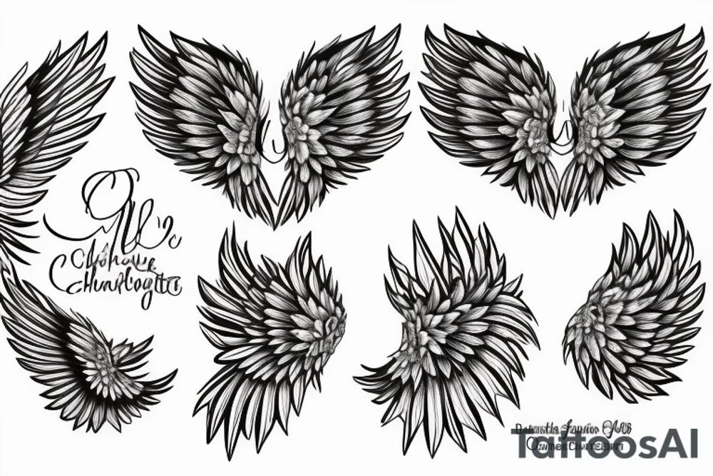 angel wings with the name 'Charlotte' and the date '03-07-2020' tattoo idea