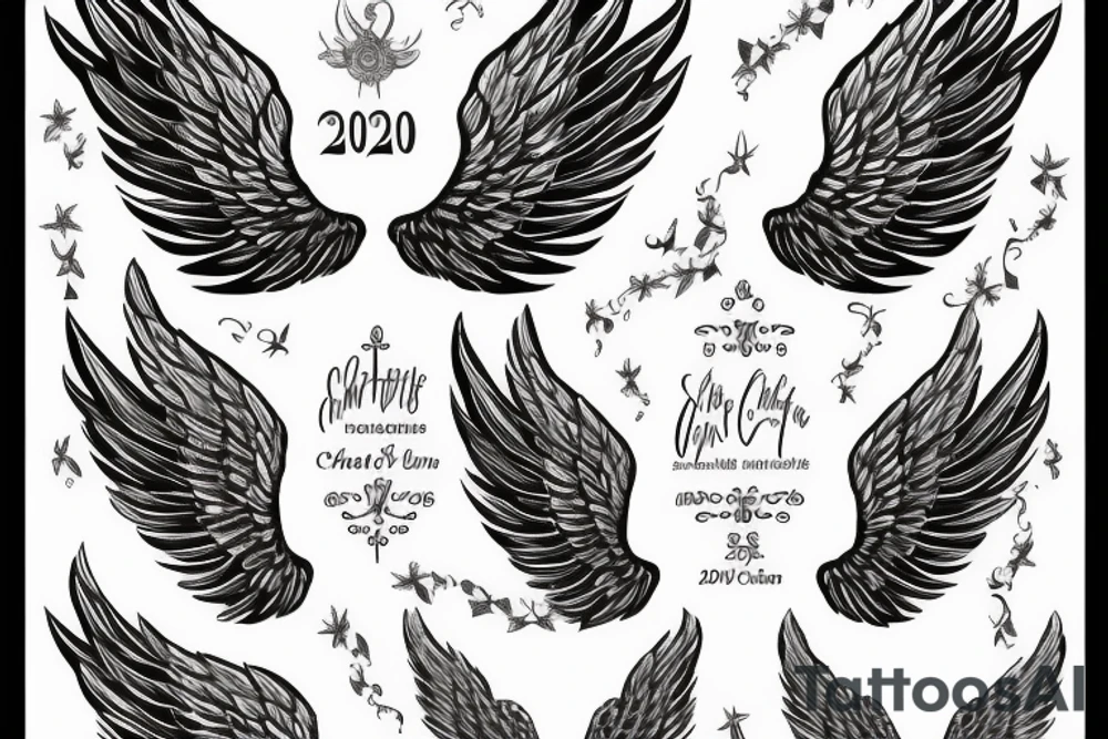angel wings with the name 'Charlotte' and the date '03-07-2020' tattoo idea