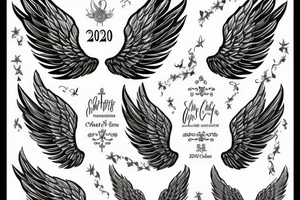 angel wings with the name 'Charlotte' and the date '03-07-2020' tattoo idea