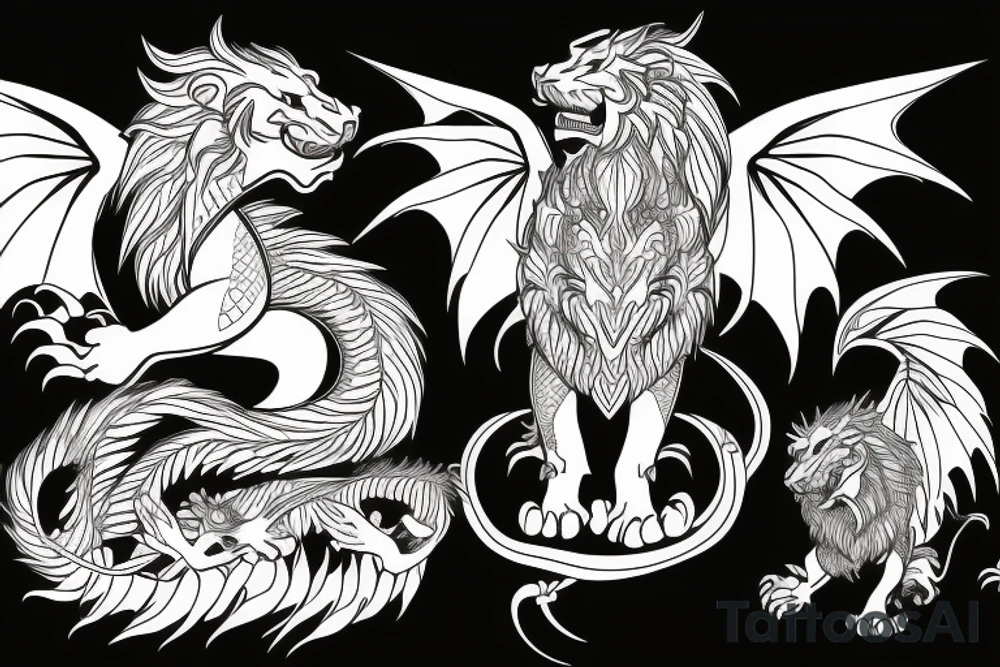 dragon lion Pegasus 
dragon and lion faces mixed
running
lions main
dragon claws
wings
full stretch like cat tattoo idea