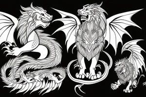 dragon lion Pegasus 
dragon and lion faces mixed
running
lions main
dragon claws
wings
full stretch like cat tattoo idea