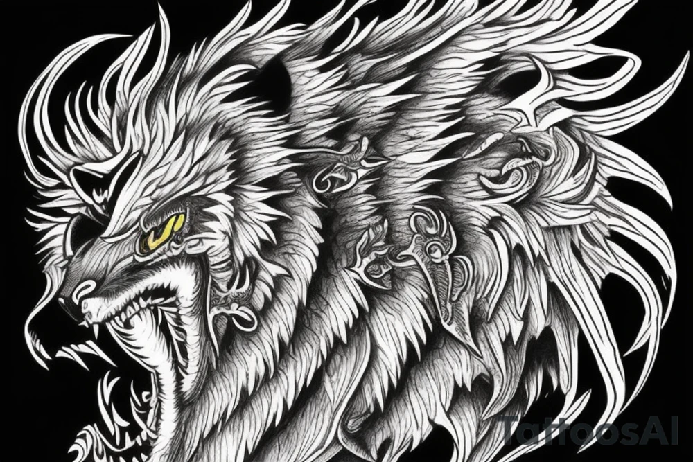 dragon lion Pegasus 
dragon and lion faces mixed
running
lions main
dragon claws
wings
full stretch like cat tattoo idea