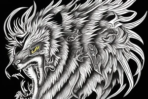 dragon lion Pegasus 
dragon and lion faces mixed
running
lions main
dragon claws
wings
full stretch like cat tattoo idea