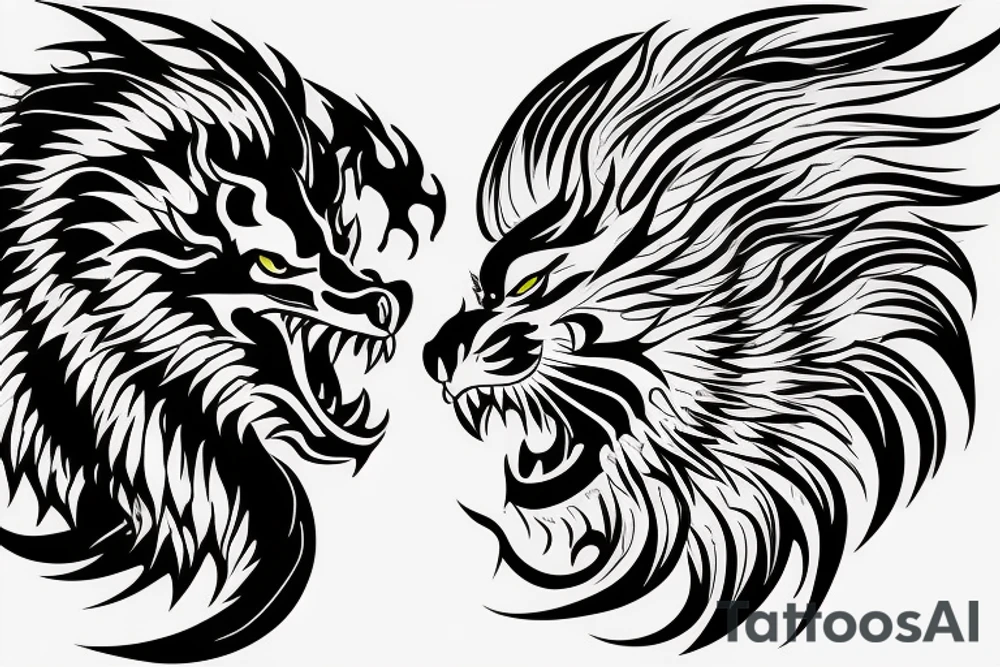 dragon lion Pegasus 
dragon and lion faces mixed
running
lions main
dragon claws
wings
full stretch like cat tattoo idea