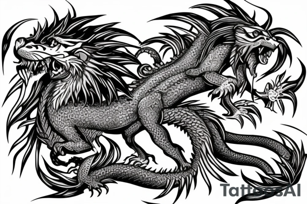 dragon lion Pegasus 
dragon and lion faces mixed
running
lions main
dragon claws
wings
full stretch like cat tattoo idea