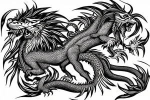 dragon lion Pegasus 
dragon and lion faces mixed
running
lions main
dragon claws
wings
full stretch like cat tattoo idea