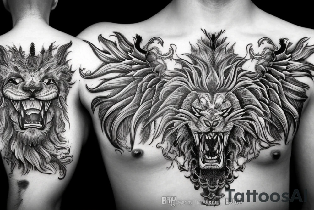 dragon lion Pegasus 
dragon and lion faces mixed
running
lions main
dragon claws
wings
full stretch like cat tattoo idea